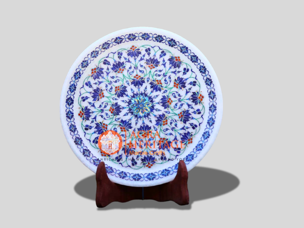 White Marble Plate Lapis Lazuli Malachite Inlay Floral Decor